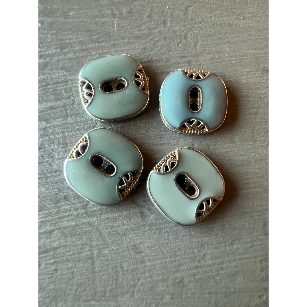 Vintage Buttons 0.5" Sage Green Gold Tone Filigree Square Enamel Set of 4
